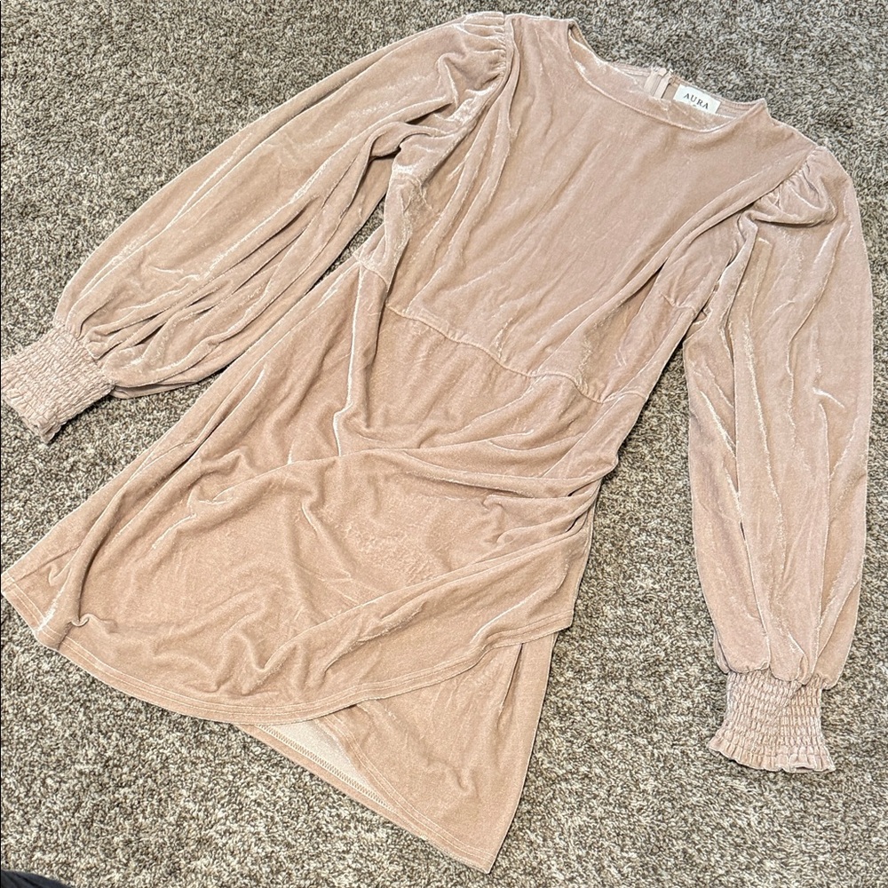Velvet Long Sleeve Dress in Beige/blush Holiday Dress/Family photos